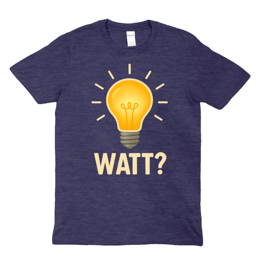 Dunkelblau T-Shirt mit leuchtender Glühbirne und Schriftzug Watt im Comic-Stil fuer Elektriker und Technik-Fans.