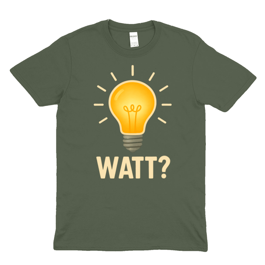 Khaki T-Shirt mit Schriftzug Watt und leuchtender Glühbirne im Comic-Stil fuer Elektriker und Technik-Fans.