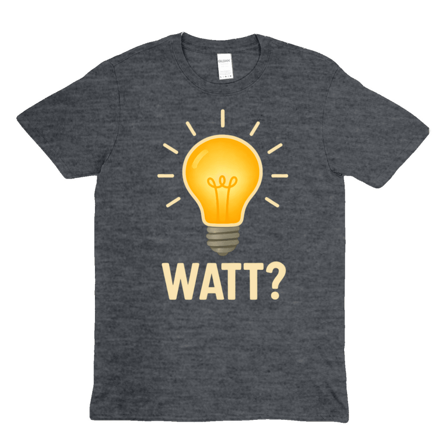 Anthrazitgraues T-Shirt mit gelber Glühbirne und Schriftzug Watt im Comic-Stil fuer Elektriker und Technik-Fans.