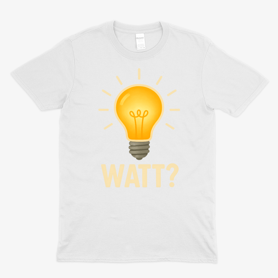 Weißes T-Shirt mit leuchtender Glühbirne und Schriftzug Watt im Cartoon-Stil für Elektriker und Technik-Fans.