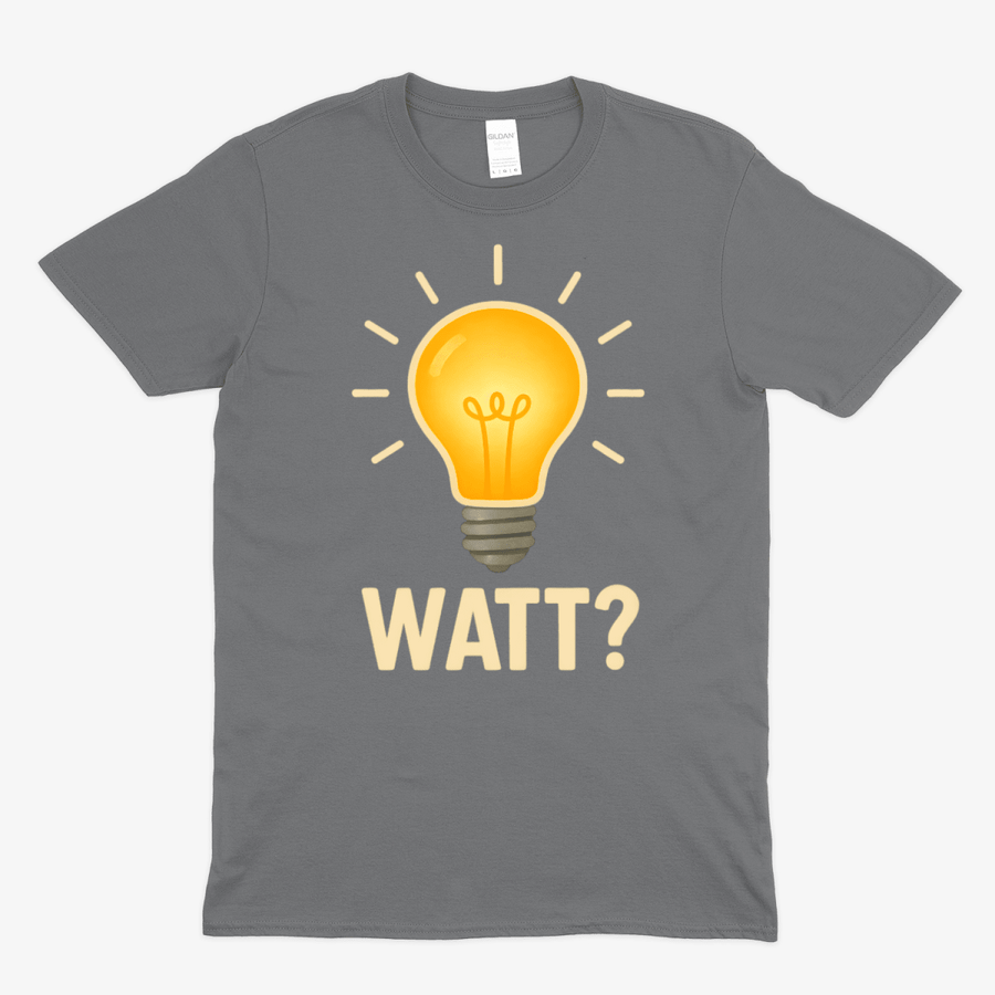 Graues T-Shirt mit leuchtender Glühbirne und Schriftzug Watt im Pop-Art-Stil fuer Elektriker und Technik-Fans. True Insights.