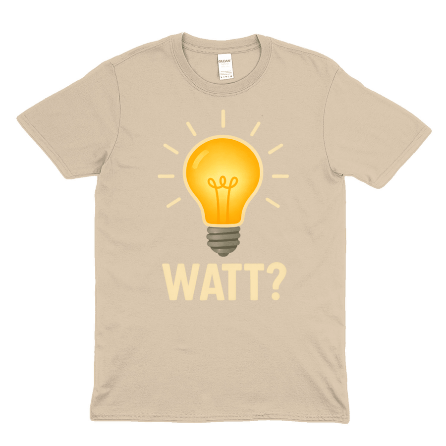 Beiges T-Shirt mit glühender Glühbirne und Schriftzug WATT im Pop-Art-Stil für Elektriker und Technik-Fans.