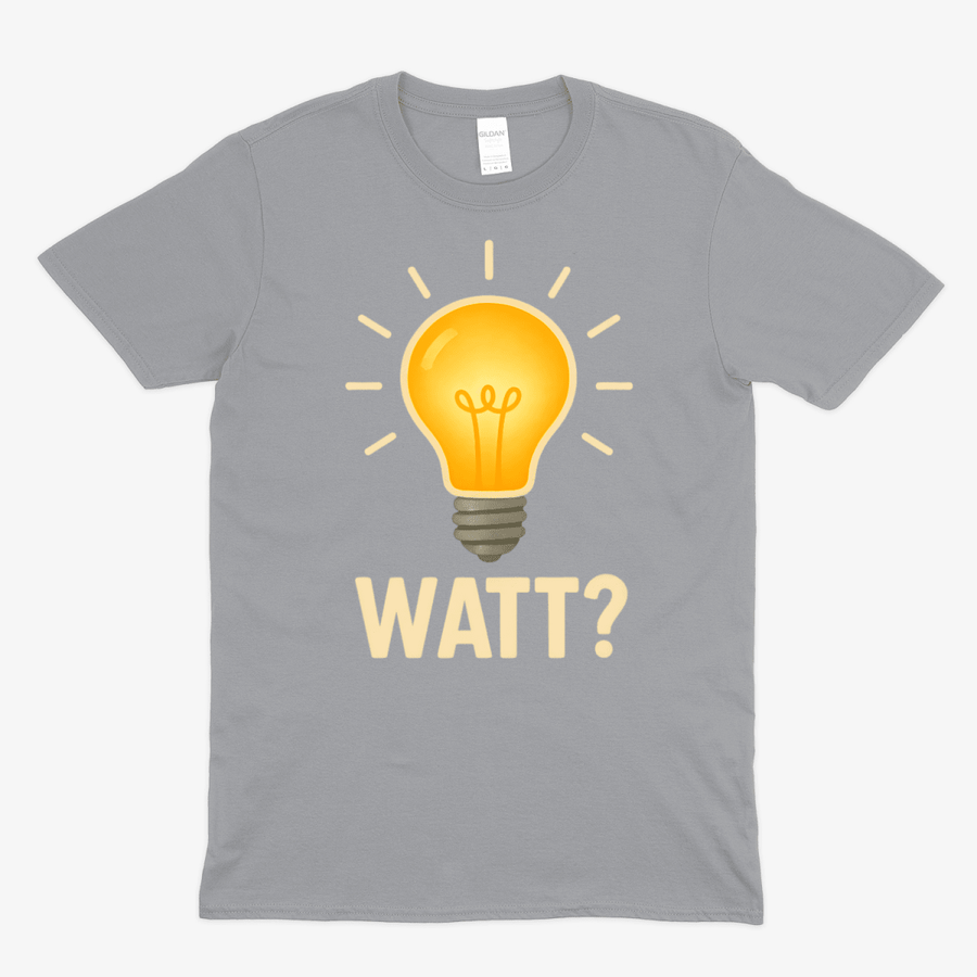 Graues T-Shirt mit Glühbirnen-Motiv und Schriftzug Watt im Pop-Art-Stil fuer Elektriker und Technik-Fans.