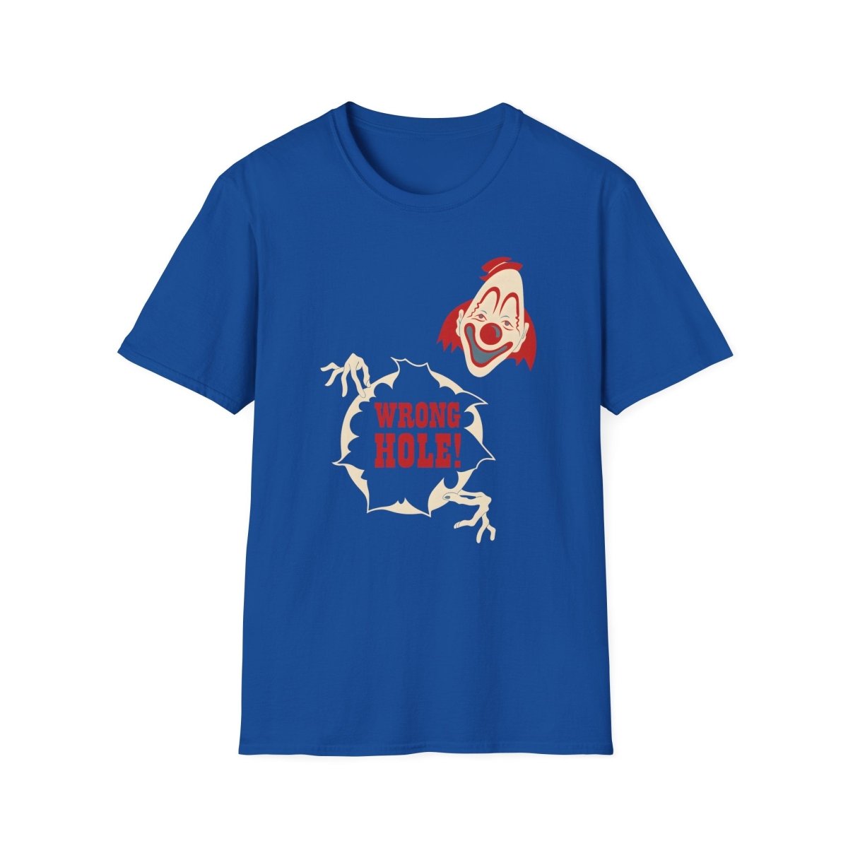 Blaues T-Shirt mit retro Horror-inspiriertem Clown-Motiv und Text Wrong Hole, von True Insights.