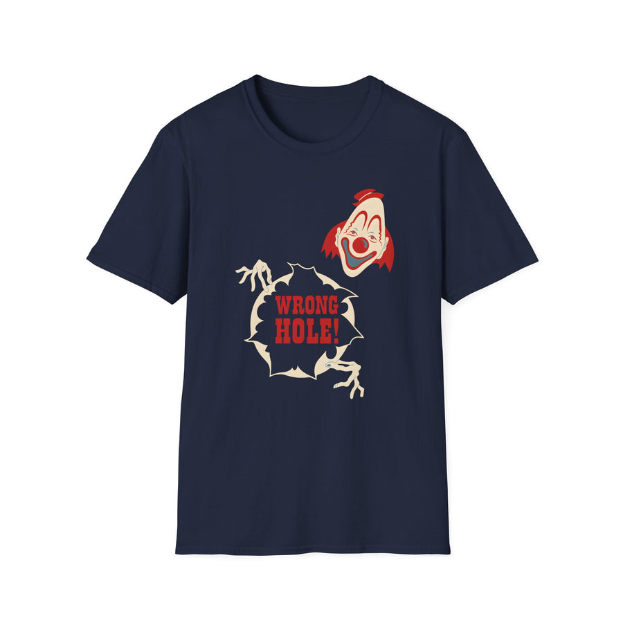 Dunkelblues T-Shirt mit Retro Horror-Clown und gerissener Brusttasche im Vintage-Stil von True Insights.