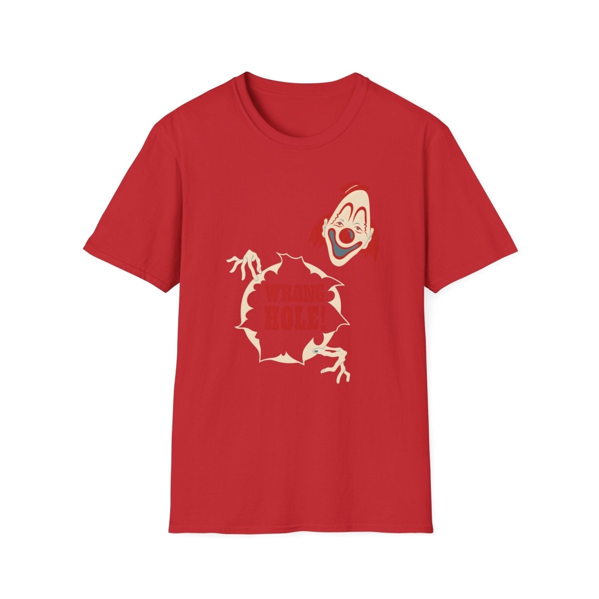 Rotes T-Shirt mit cremefarbenem Clown-Motiv im Retro Horror-Stil und True Insights Branding.