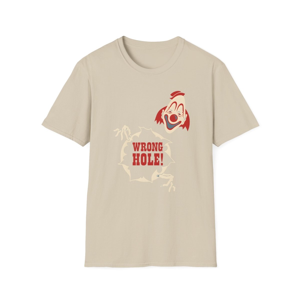 Beiges T-Shirt mit rotem Clown-Motiv und Text Wrong Hole im Retro Horror-Stil von True Insights.