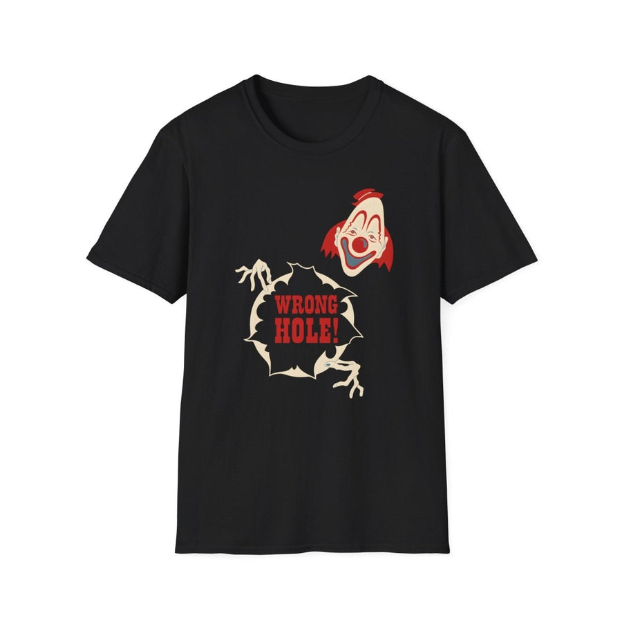 Schwarzes T-Shirt mit Retro Horror Clown-Motiv und Spruch Wrong Hole in Creme und Rot, True Insights.