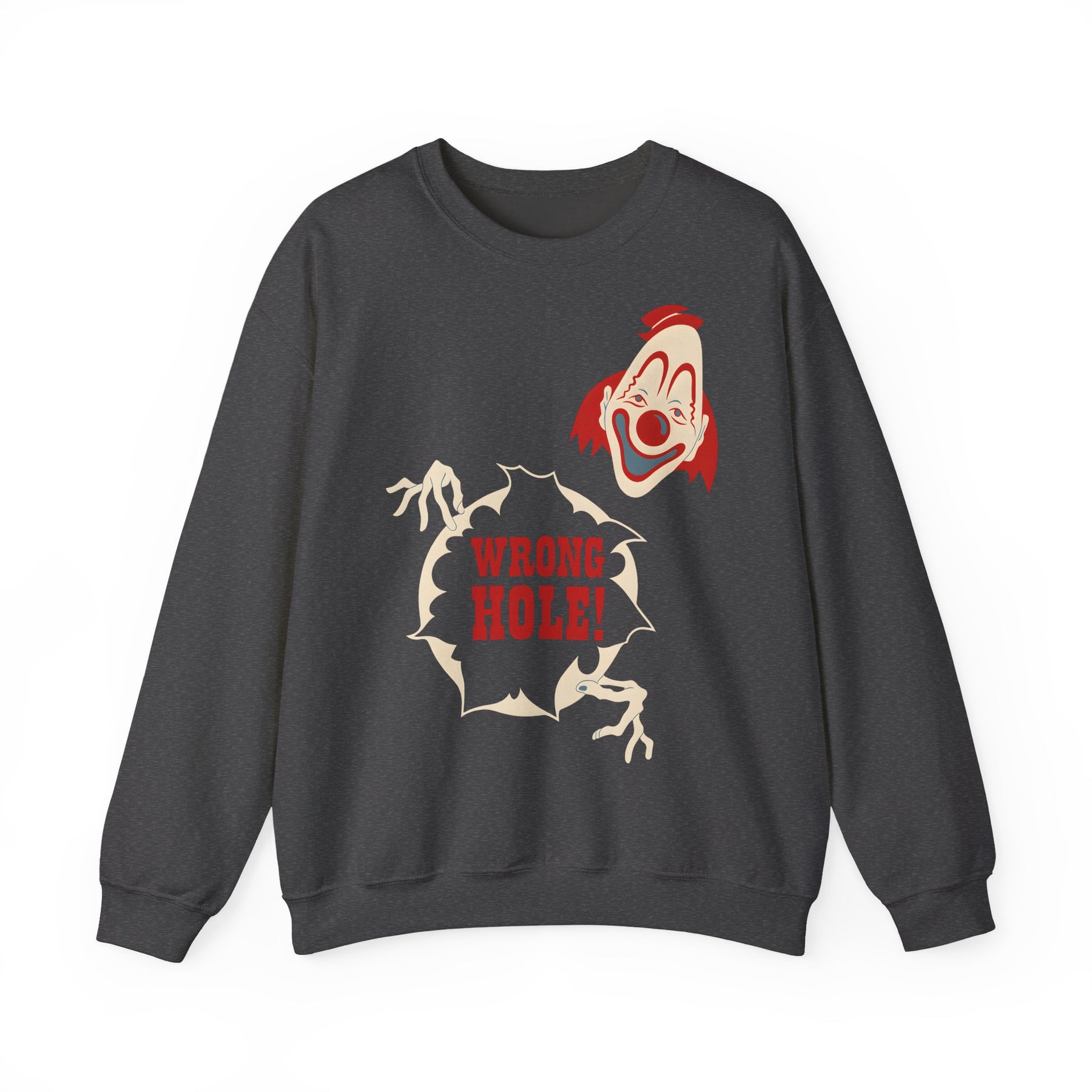 Sweatshirt – Wrong Hole! – Schwarzhumoriges Sweatshirt mit Clown-Design | True Insights Design mit Humor