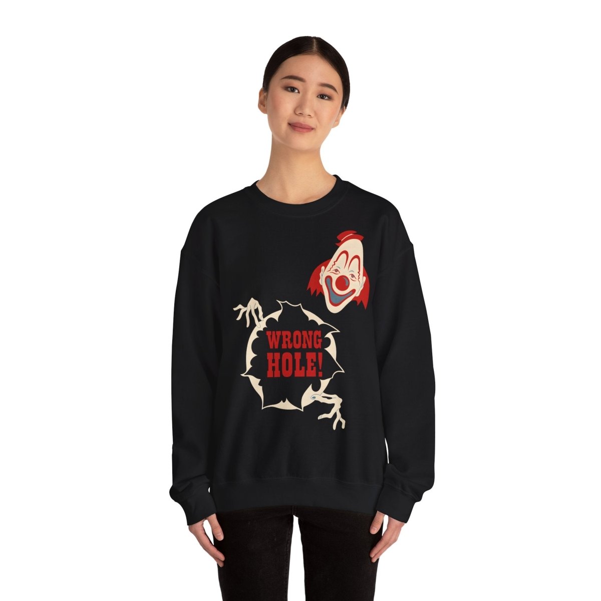 Sweatshirt – Wrong Hole! – Schwarzhumoriges Sweatshirt mit Clown-Design | True Insights Design mit Humor