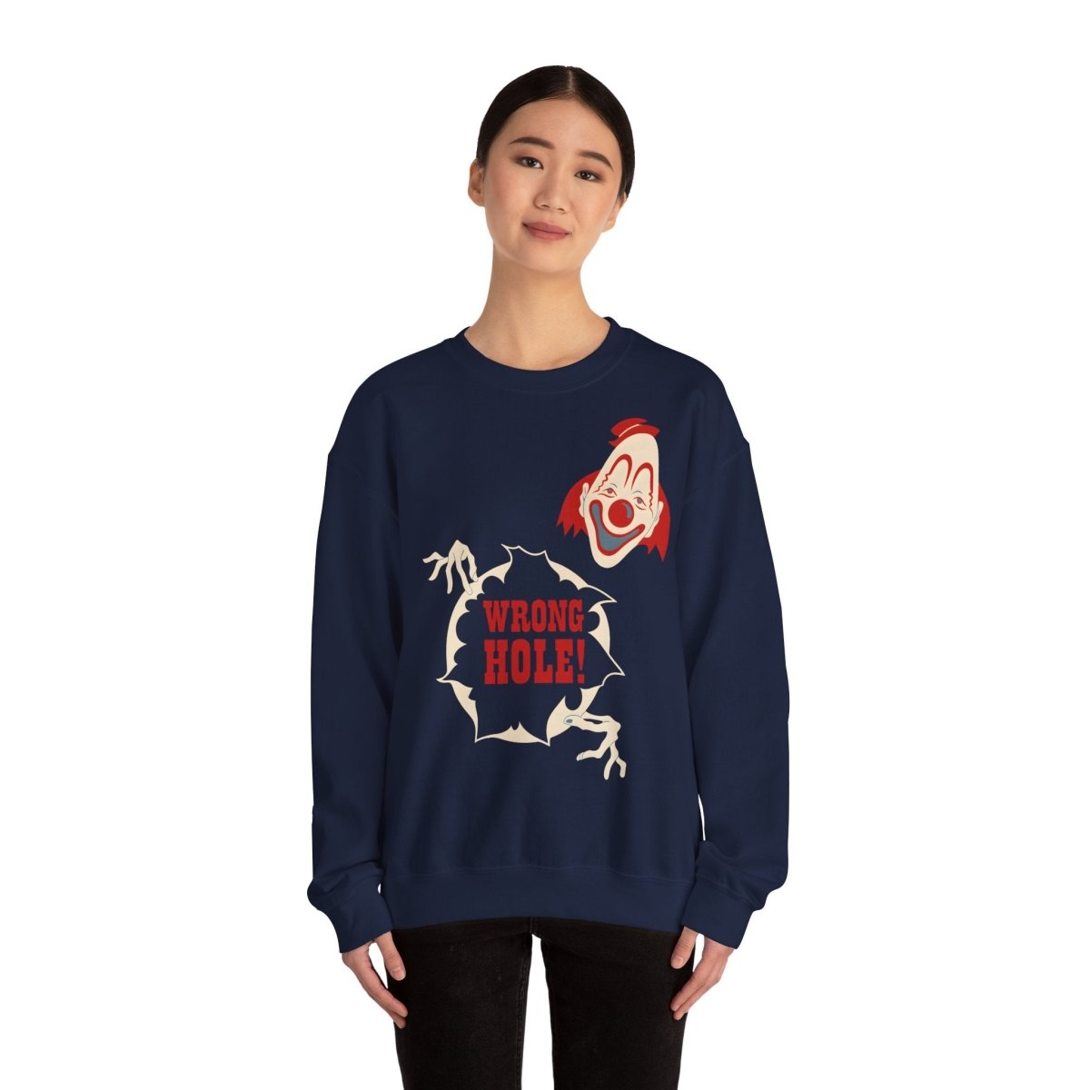 Sweatshirt – Wrong Hole! – Schwarzhumoriges Sweatshirt mit Clown-Design | True Insights Design mit Humor