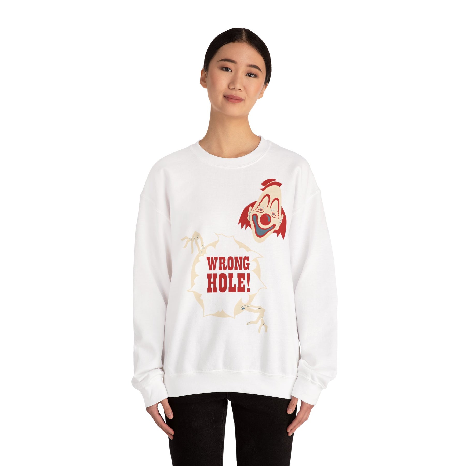 Sweatshirt – Wrong Hole! – Schwarzhumoriges Sweatshirt mit Clown-Design | True Insights Design mit Humor