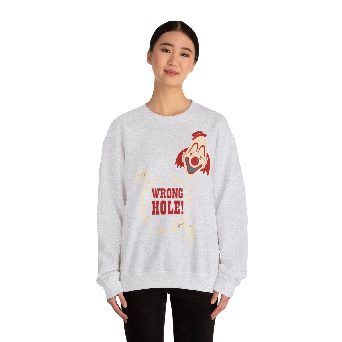 Sweatshirt – Wrong Hole! – Schwarzhumoriges Sweatshirt mit Clown-Design | True Insights Design mit Humor