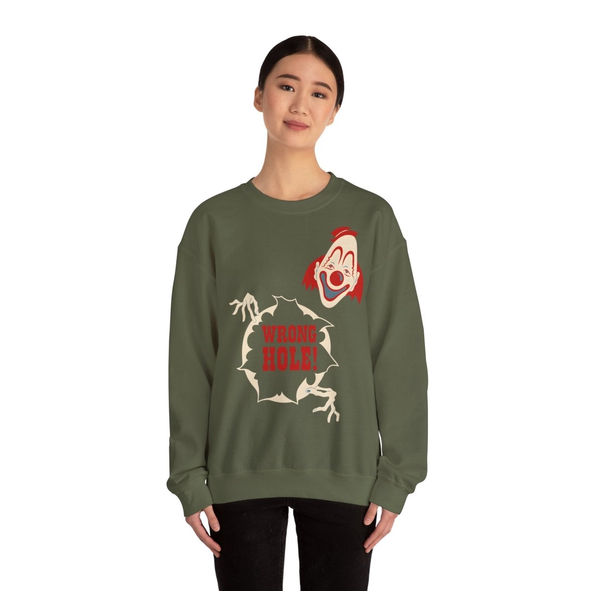 Sweatshirt – Wrong Hole! – Schwarzhumoriges Sweatshirt mit Clown-Design | True Insights Design mit Humor