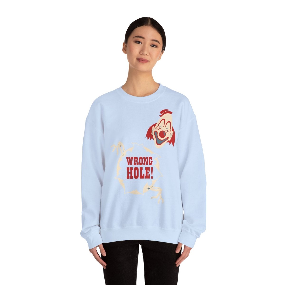 Sweatshirt – Wrong Hole! – Schwarzhumoriges Sweatshirt mit Clown-Design | True Insights Design mit Humor