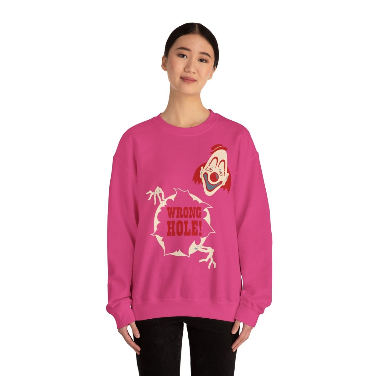 Sweatshirt – Wrong Hole! – Schwarzhumoriges Sweatshirt mit Clown-Design | True Insights Design mit Humor
