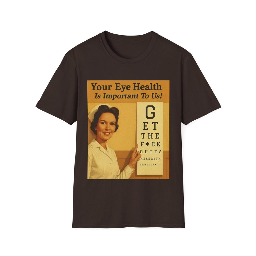 Charcoal T-Shirt mit satirischem Vintage-Plakat Your-Eye-Health-Is-Important-To-Us im 50er-Jahre-Retro-Stil für Humor-Liebhaber.
