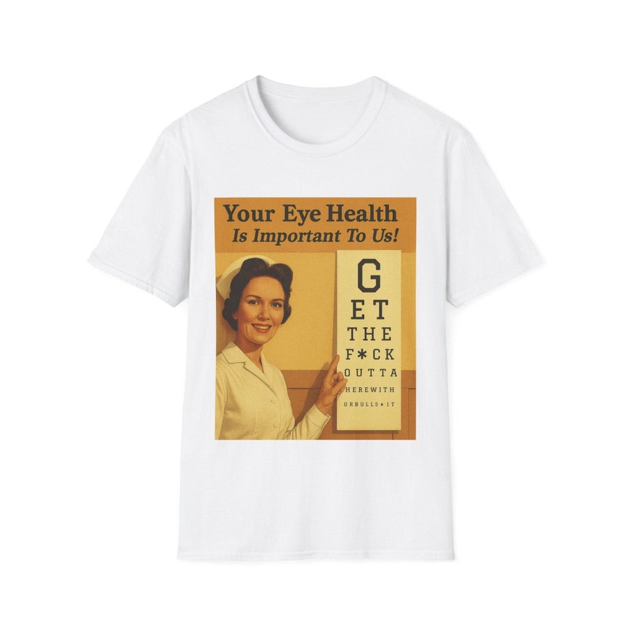 Weißes T-Shirt mit Vintage-Plakat-Motiv einer Krankenschwester und Sehtest im 50er-Jahre-Retro-Stil mit frecher Botschaft fuer Satiriker.
