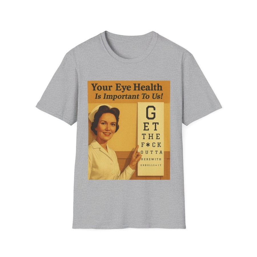 Grau meliertes T-Shirt mit Retro-Poster-Motiv Your-Eye-Health-Is-Important-To-Us im 1950er-Vintage-Stil mit Augentafel-Satire für Erwachsene.