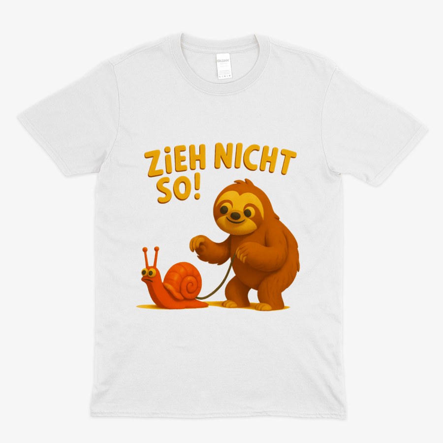 Weißes T-Shirt mit cartoon Faultier und Schnecke, Retro Kinderbuch-Satire Motiv Zieh nicht so von True Insights.