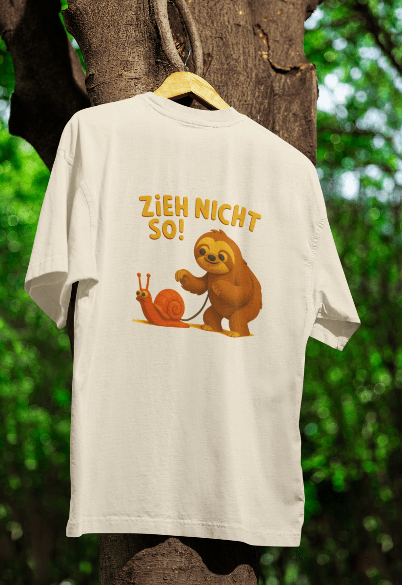 Cremefarbenes T-Shirt mit cartoon Faultier und Schnecke, Schriftzug Zieh nicht so in Retro Kinderbuch-Satire von True Insights.