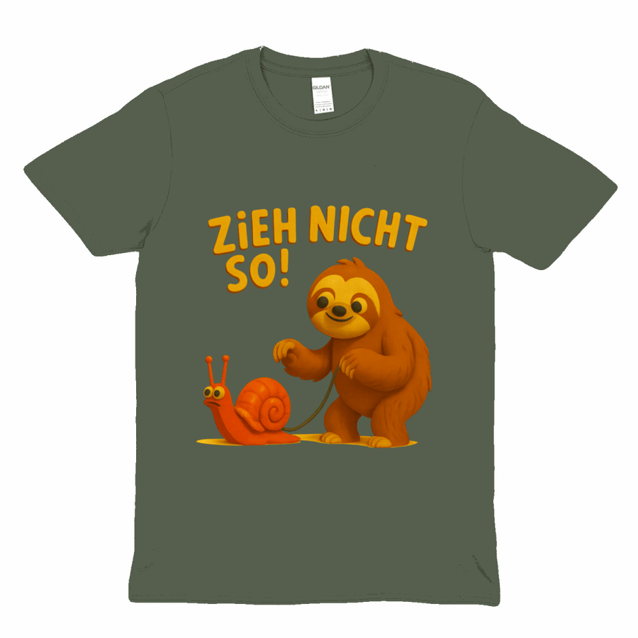 Olivgrünes T-Shirt mit Faultier und Schnecke im Retro Kinderbuch-Satire Stil und goldenem Text Zieh nicht so von True Insights.