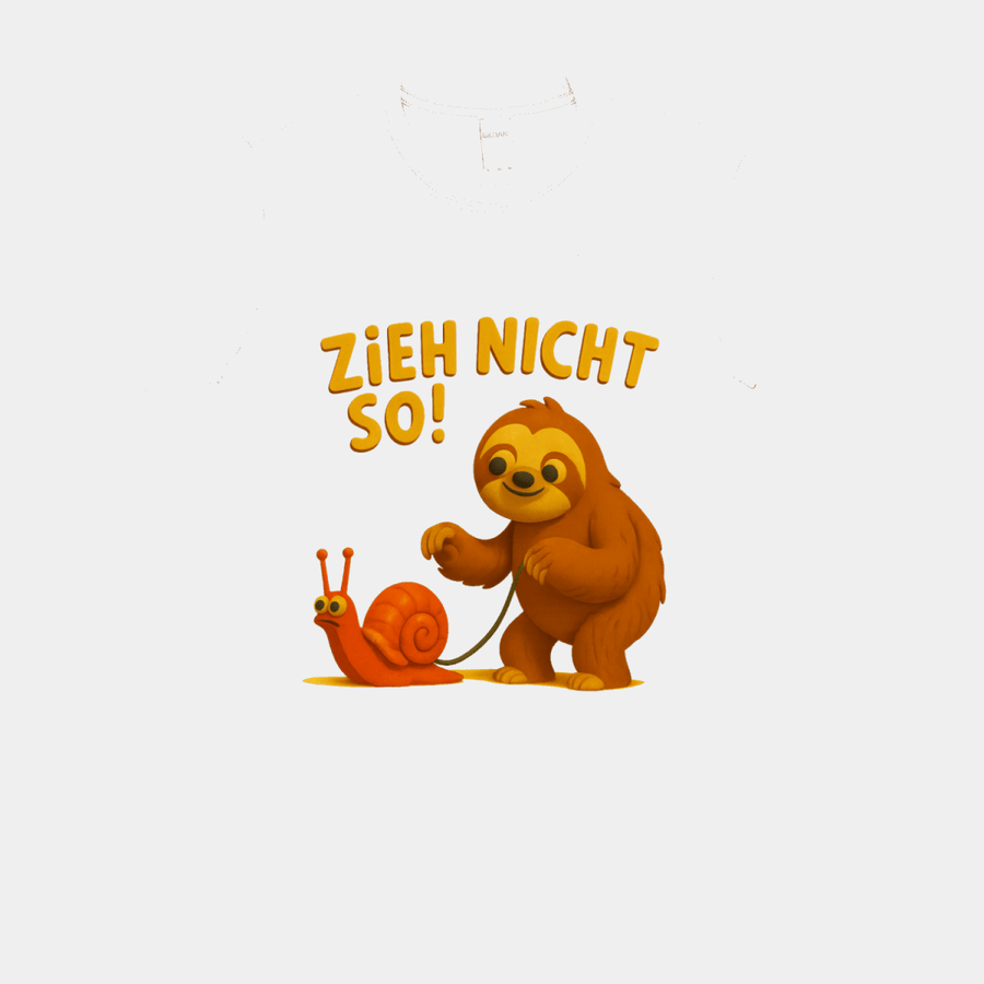 Weißes Faultier T-Shirt mit braunem Faultier und orangeroter Schnecke im Retro Kinderbuch-Satire Stil, Text Zieh nicht so, von True Insights.