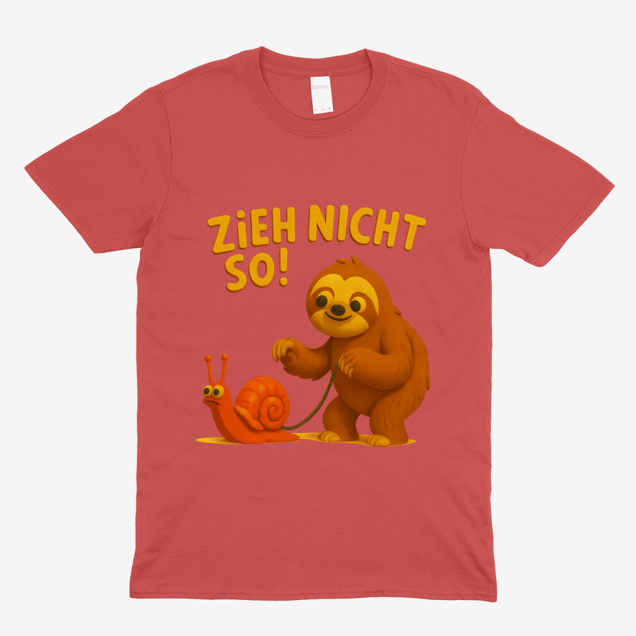 Korallrotes T-Shirt mit Faultier- und Schnecken-Illustration im Retro Kinderbuch-Satire Stil und deutschem Spruch Zieh nicht so von True Insights.