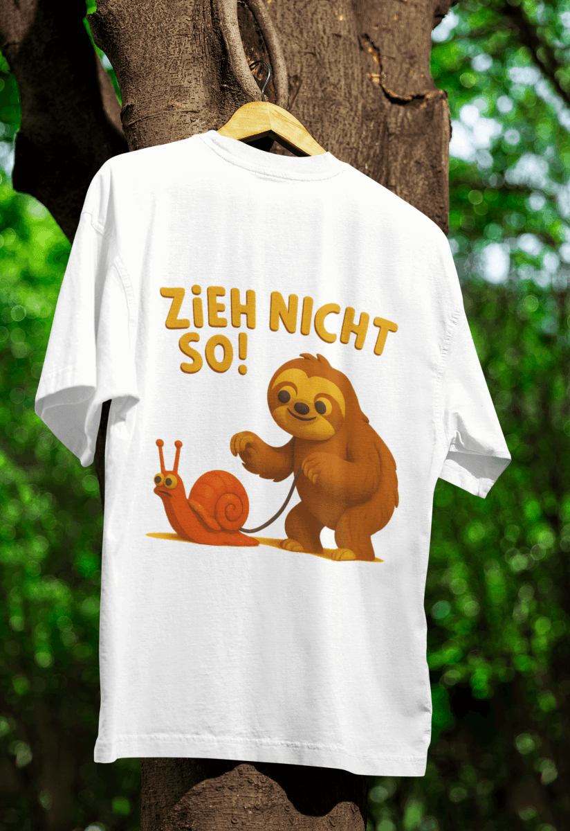 Weißes T-Shirt mit Faultier und Schnecke im Retro Kinderbuch-Satire-Stil mit Schriftzug Zieh nicht so von True Insights.