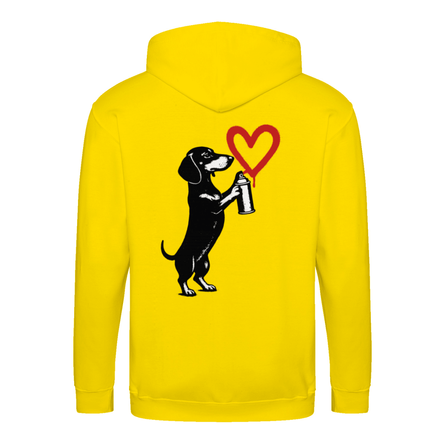 True Insights Zip Hoodie Dackel mit Spraydose in Sun Yellow und Heather Grey, Streetart-Motiv